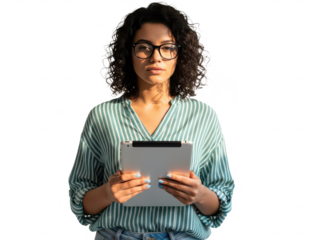Woman with curly dark hair and glasses holding a digital tablet, wearing a striped green and white blouse isolated on transparent background