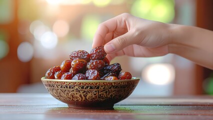 Close-up of hand taking dates from bowl, symbolizing breaking fast and Ramadan tradition.