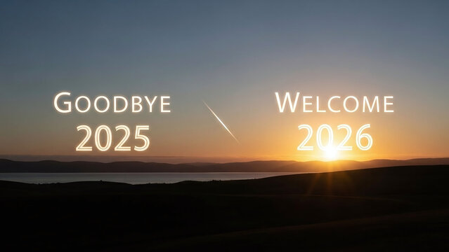 Sunset landscape with Goodbye 2025 and Welcome 2026 text overlay horizon light