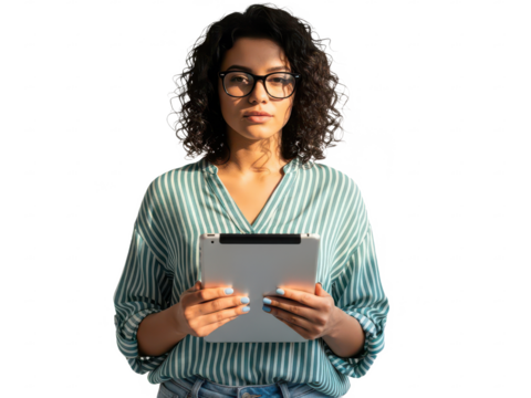 Woman with curly dark hair and glasses holding a digital tablet, wearing a striped green and white blouse isolated on transparent background - Powered by Adobe
