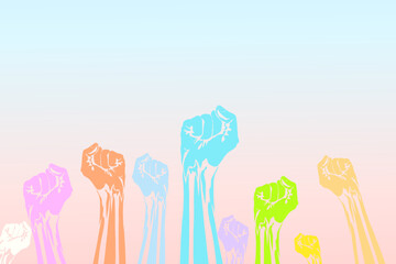 several human hands clenched into fists raised upwards with a colorful gradient screen