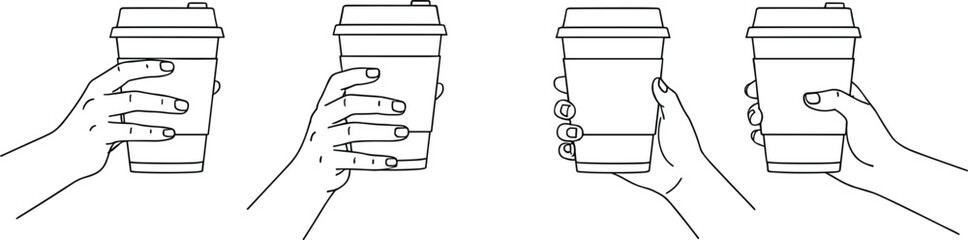 Hands holding takeaway coffee cup outline vector set showing different hand grips and angles isolated on white background for cafe, beverage, and lifestyle design