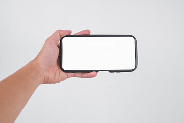 Hand Holding Smartphone With Blank White Screen for Mockup