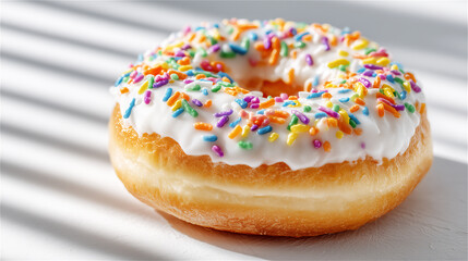 Glazed donut with colorful sprinkles on white surface with striped window shadows, playful sweet snack still life for bakery advertising with copy space.