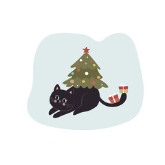 vector , illustration of a black cat with a Christmas tree on back and 2  gift boxes on tail 