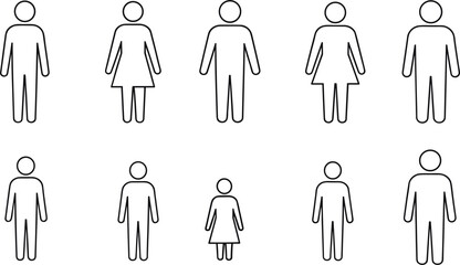 Male and female human figure outline vector set showing adults and children icons in minimal style isolated on white background for infographic and user interface design