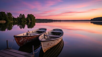 Fototapeta premium Serene lake at dusk with two boats gently floating under soft pink sky.