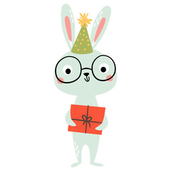 A cute rabbit wearing a birthday hat is holding a gift. Vector illustration on a white background. . Vector illustration