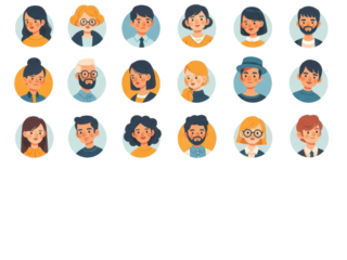 Collection of diverse flat vector avatars representing various people and professions in circular frames isolated on transparent background