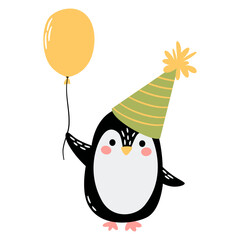 A cute penguin wearing a birthday hat is holding a balloon. Vector illustration on a white background. . Vector illustration