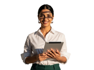 Smiling businesswoman holding a digital tablet with sunlight shadows across her face, isolated on transparent background