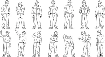 Construction workers line art illustration set showing industrial laborers in safety helmets, standing gestures for engineering manuals, diagrams, vector projects