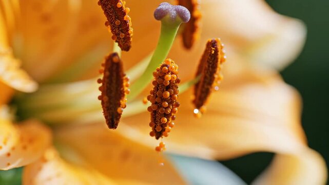 Close up macro shot of a vibrant orange lily flower stamen with pollen dust and a water droplet glistening in bright sunlight with a soft green bokeh background