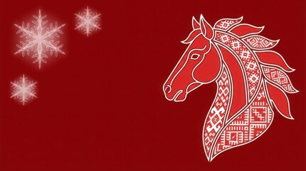 New Year's card 2026: a horse with Slavic (Belarusian and Ukrainian) ornamentation on a red background