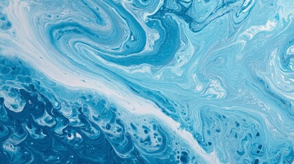 Swirling abstract artwork showing layers of cool blue and white paint, creating a textured marble-like effect. It depicts fluid dynamics