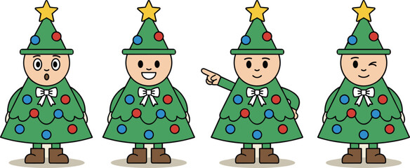 Four cartoon Christmas trees with faces and different expressions and poses character illustration