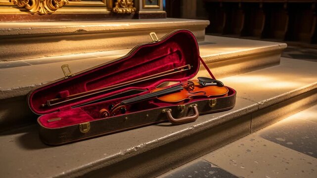 Elegant violin on ornate staircase illuminated by warm light across three frames