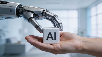 Hopeful look at ai and human collaboration new trend in technology. Robot hand giving block to person in an office