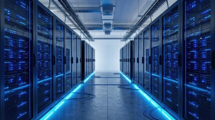 a high-tech modern server room with servers arranged in a row