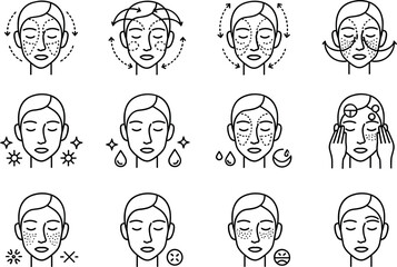 Skincare routine and facial treatment outline vector set showing different skin conditions, cleansing steps, and beauty care processes isolated on white background for cosmetic and wellness education