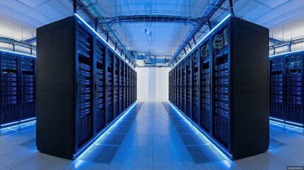a high-tech modern server room with servers arranged in a row