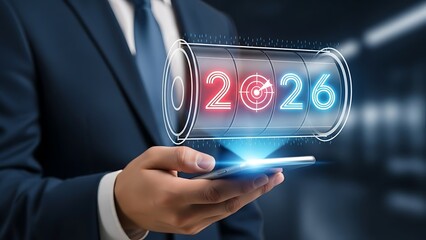 Businessman holding smartphone with futuristic interface and 2026 year display