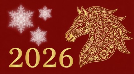 New Year's card 2026: a golden horse with an ornament and the inscription "2026" on a red background