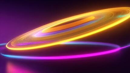 Glowing Geometric Rings of Light on Dark Surface in Purple and Pink Abstract Geometric Light Display in a Dark Room with Glossy Reflection