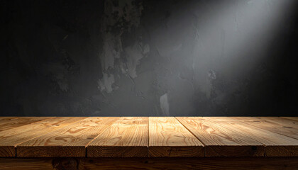 Textured Dark Wall with Wooden Table and Spotlight Effect tabletop surface