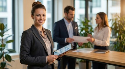 A young female office worker stands with a tablet against the background of a meeting room