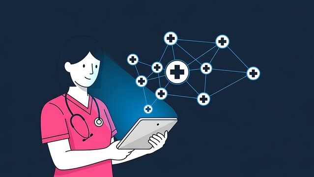 doctor holding tablet with medical network icons floating above - Powered by Adobe
