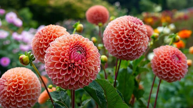  Beautiful and refreshing pink dahlia flower blooms creating a natural, peaceful atmosphere that evokes freshness, joy, and the beauty of nature in full bloom.