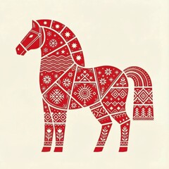 New Year's card 2026: a red horse with Slavic (Belarusian and Ukrainian) ornamentation on a white background