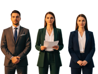 Group of three business professionals, one man and two women, standing together in business attire isolated on transparent background