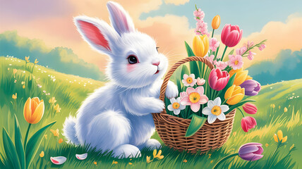 A white rabbit holding a basket of colorful tulips and daffodils in a green field