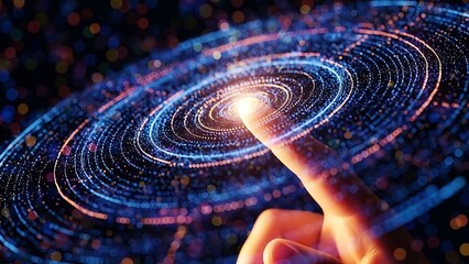 hand touching digital swirling circle of light and dots