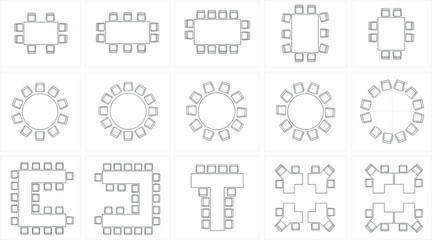Meeting table and conference seating layout icon vector set showing round, square, and rectangular arrangements isolated on white background for office planning and interior design