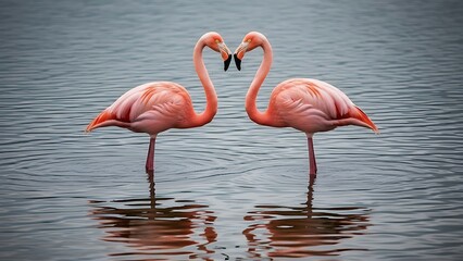 Two pink flamingos standing in water forming a heart shape with their necks