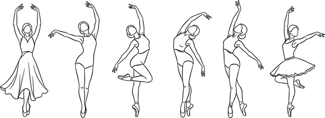 Ballet dancer outline vector set featuring graceful female ballet poses in elegant motion isolated on white background for dance, performance, and artistic designBallet dancer outline vector set