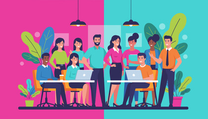 Diverse professional team collaborating in a vibrant modern office representing teamwork startup culture and business success