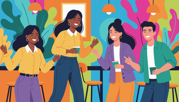 Diverse young people smiling enjoying coffee and conversation in a vibrant modern cafe