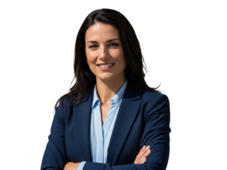 Confident professional woman with dark hair wearing a navy blue blazer and light blue shirt, arms crossed, isolated on transparent background
