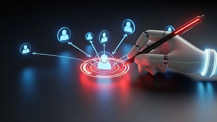 robot hand holding stylus interacting with digital user icons