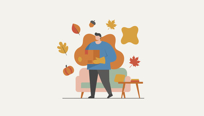 Fall delivery or moving Man holds a package indoors with autumn leaves pumpkin and acorn decoration © Business Solution
