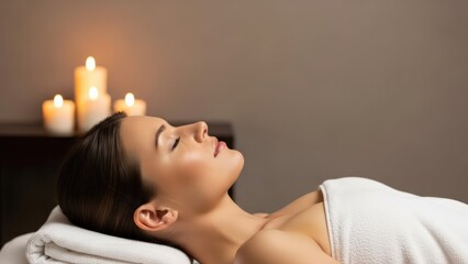 Serene woman enjoys deep relaxation on a spa bed, pampered after a soothing massage, wrapped in plush white towels amidst ambient candlelight