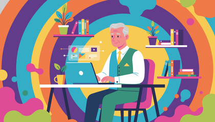 Senior professional works remotely on a laptop in a vibrant abstract home office environment digital business concept