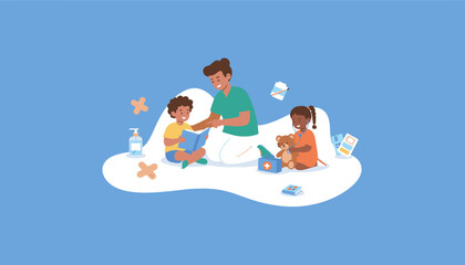 Pediatrician reading to children girl plays doctor with a teddy bear Healthcare learning and safety