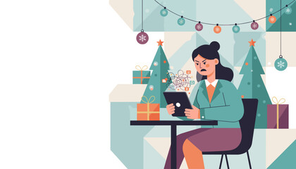 Frustrated businesswoman dealing with work stress and digital chaos during the holidays
