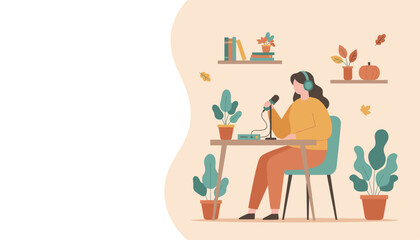 Podcaster woman recording at home studio desk autumn themed flat vector illustration