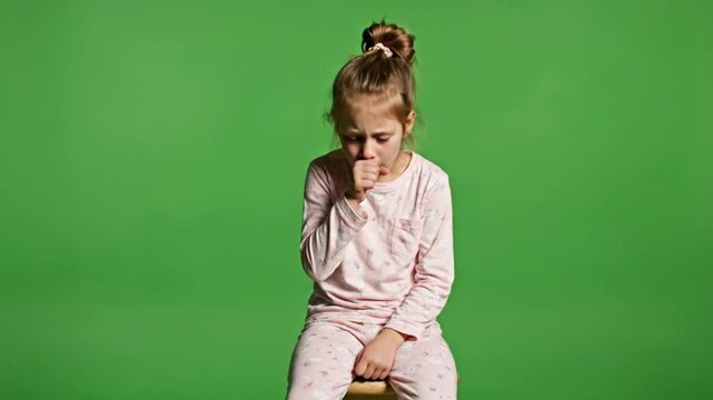 Little girl coughing due to illness, dressed in comfortable pajamas on a vibrant green screen, reflecting childhood health concerns and discomfort